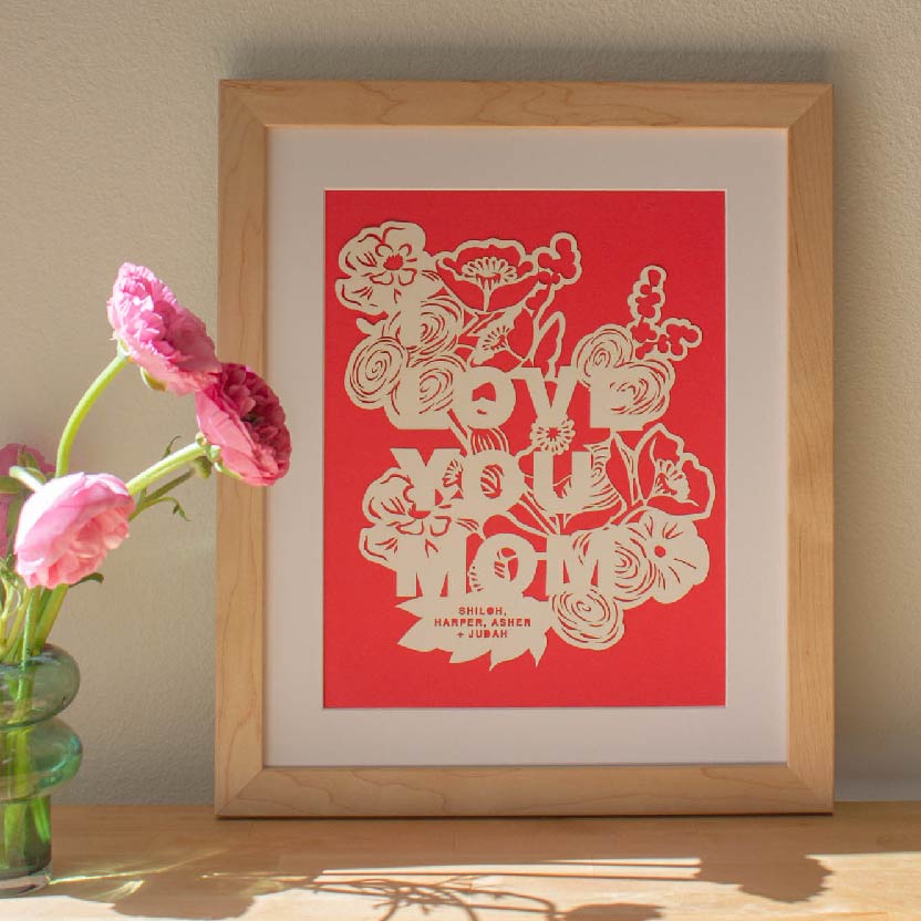 I Love You Mom Flowers Personalized Paper Cut Art Print