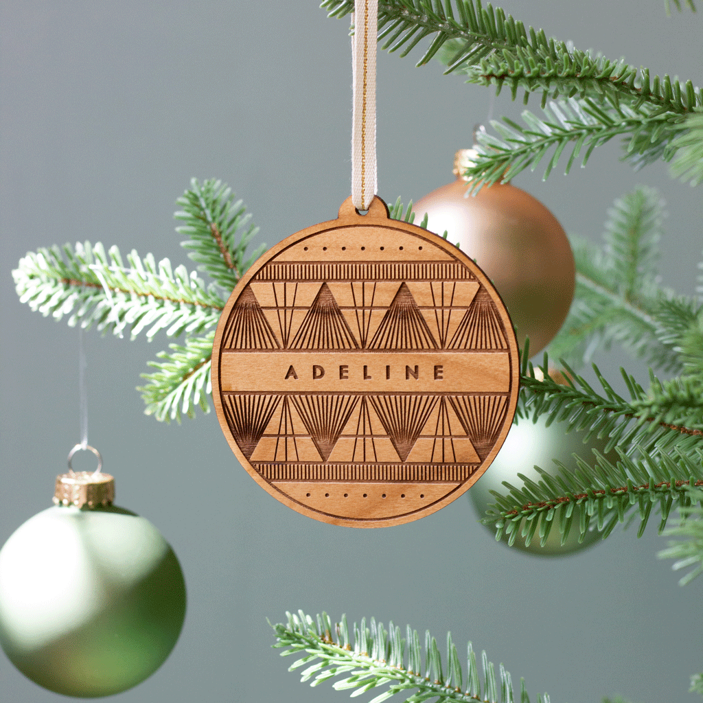Personalized Name Art Deco Round Wood Christmas Ornament
