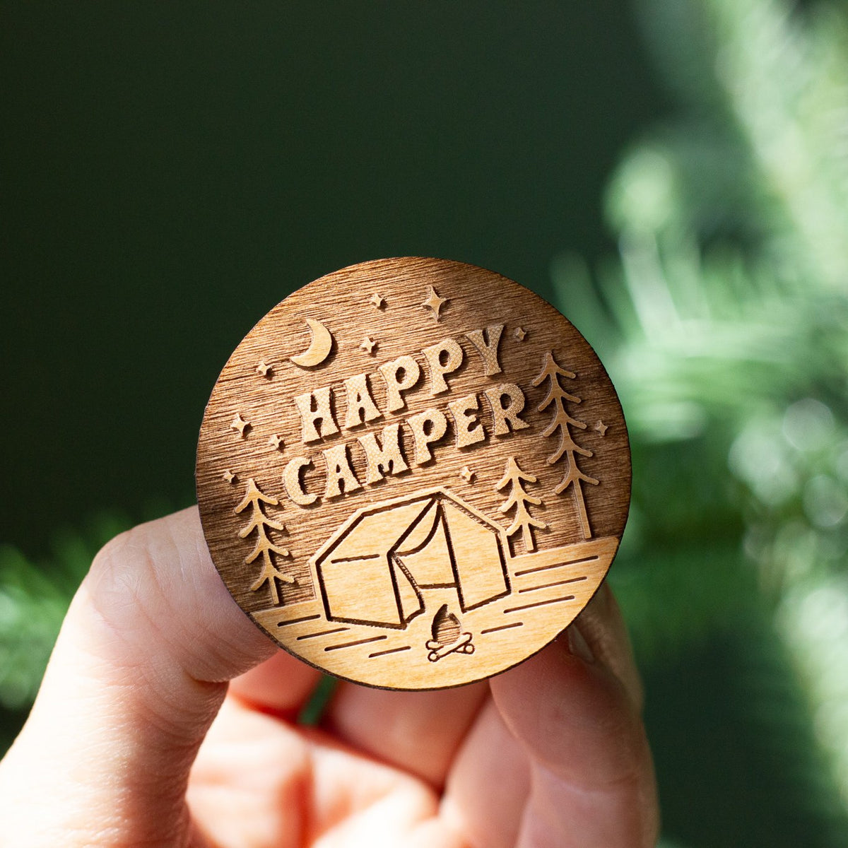 Happy Camper Wood Pin