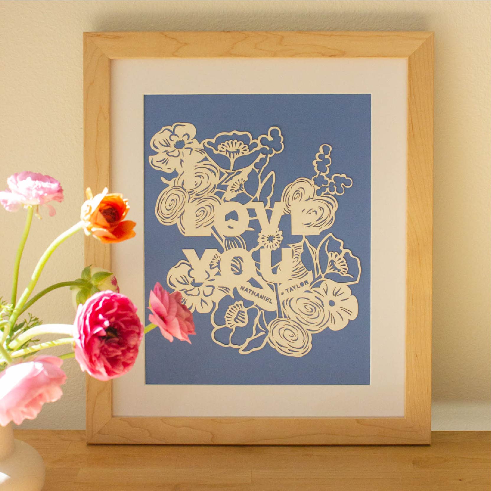 I Love You Flowers Personalized Paper Cut Art Print